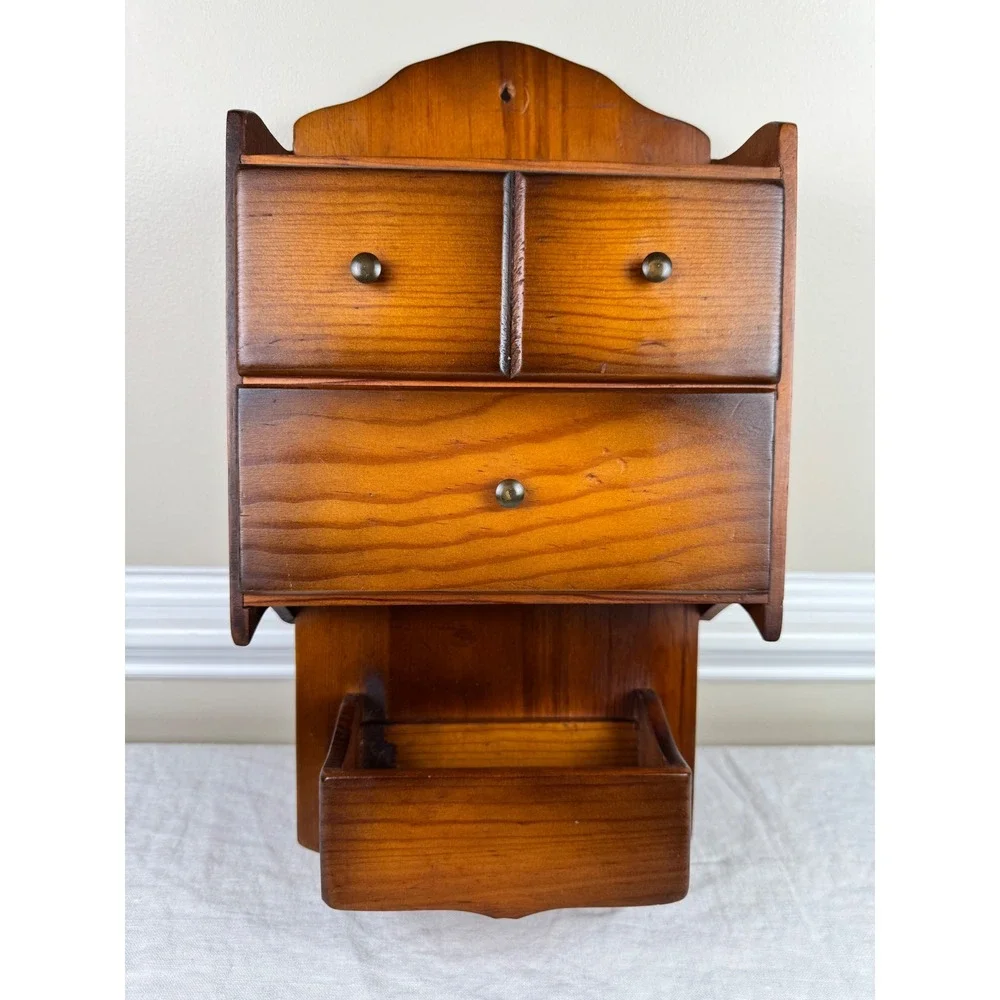 Vintage Rustic Wood Wall Mounted Organizer 3 Drawer Apothecary Chest Cottagecore